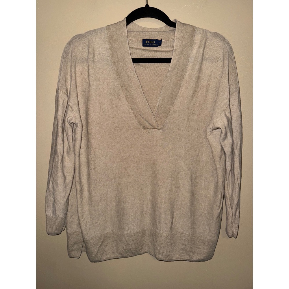 Polo Ralph Lauren Womens Beige 100% Linen V-Neck Pullover Sweater Size M Neutral